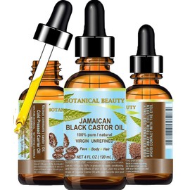 Botanical Beauty Black Castor Oil Jamaican. 100% Pure Natural Virgin Unrefined Cold Pressed Carrier Oil. 4 Fl.oz.- 120 Ml. For Face Skin Hair Eyelashes Brows and Nails