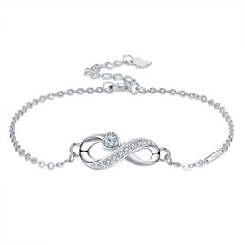 Arrebol Infinity Bracelet Women's 925 Sterling Silver Infinity Bracelets with Heart Zirconia Infinity Sign Charm Bracelet Adjustable 16 + 4 cm for Women Girls with Gift Box, Sterling Silver Zirconium