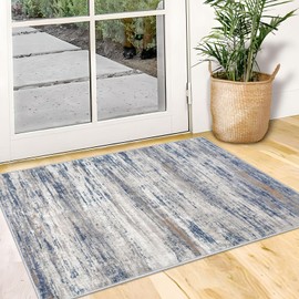 KOZYFLY Modern Abstract Rugs for Entryway 2x3, Washable Kitchen Rug Non-Slip Soft Small Bathroom Rug, Grey-Blue Striped Entryway Rugs Abstract Faux Wool Doormat for Bedside Entrance Bedroom Sink