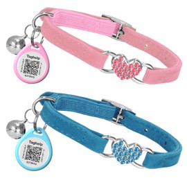 Heart Bling Cat Collar with Safety Belt and Bell .Diamond,Adjustable Soft Velvet Leather Safe Kitten Collars with Crystal Heart Charm and Bells,Girl Bling Stylish with Safety Elastic (Blue & Pink)