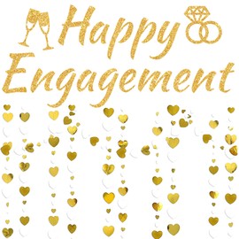 Engagement Party Decorations Banner Garland - Gold Engaged Decoration Set Happy Engagement Letters Banners White Gold Love Heart Garland Hanging Paper Streamer Banners for Proposal Engaged Party