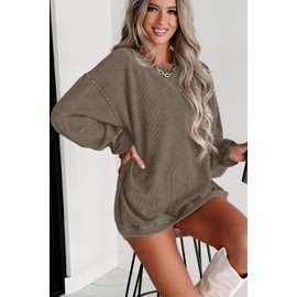 QIXING Women's Oversized Sweatshirts Casual Corduroy Jumper Tops Long Sleeve Crew Neck Pullovers(Dark Khaki, XL)