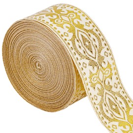 GORGECRAFT Ethnic Jacquard Ribbon 33mm Wide Double Sided Linen Floral Embroidery Polyester Woven Gold Edge Fringe Tape for DIY Sewing Crafts Clothing Curtains Decoration Accessories