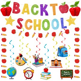 VinTs Glittery Back to School Banner with Hanging Swirls,Apple and Pencil Garlands,Apple Tissue Honeycomb for Back to School Party Welcome Back School First Day of Kindergarten Decoration