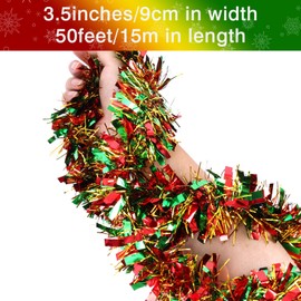 CEWOR 50 Feet Christmas Tinsel Garland Metallic Tinsel Twist Garland Glitter Foil Garland for Christmas Tree Ornaments Hanging Decoration（Red Green and Yellow）