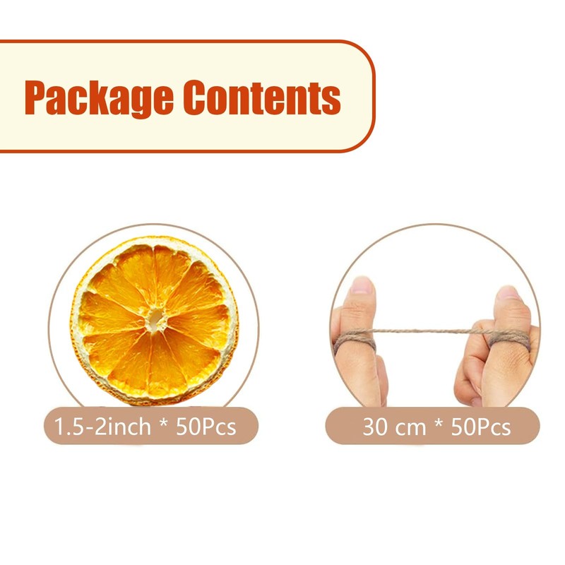 50 Pcs Dried Orange Slices, with 50Pcs Hemp Rope, Christmas