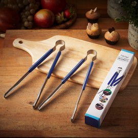 (Florian) Multi Proposal 10.04 Inch Tongs High strength stainless steel, Bounds Spring, Smooth Edge For food, BBQ, Bulgogi, Cooking, Outdoor, Korean Kitchen Gadget Tools, Utensils (Blue Large 2 Pcs)