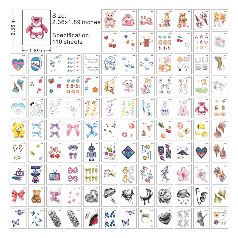 Womaha 110 Sheets Kids Temporary Tattoos Tiny Pattern Bear Bowknot