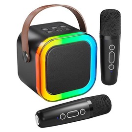 Mini karaoke machine with microphone sound system, portable karaoke machine with 2 wireless microphones, birthday gifts for girls and children aged 4-12, family gatherings family gathering - Color: black