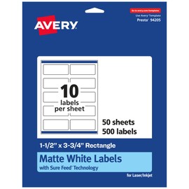 Avery Matte White Rectangle Labels, Sure Feed Technology, 1.5" x 3.75", 500 Matte White Printable Labels