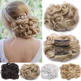 Short Messy Curly Dish Hair Bun Extension Easy Stretch hair Combs Clip in Ponytail Extension Scrunchie Chignon Tray Ponytail Hairpieces Ash Blonde mix Bleach Blonde
