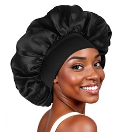 COMNICO Silk Bonnet, Satin Bonnet, Double Layer Silk Cap, Sleep Cap, Night Cap, Adjustable Reversible Sleep Cap, Wide Soft Band for Curly Hair, Silk Head Cap, black, Unit size