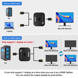 HDMI Switch 4K 120Hz, HDMI Switch 2 in 1 Out, Bi-Directional 8K 60HZ HDMI Splitter, Supports HDR 4K 3D 1080P