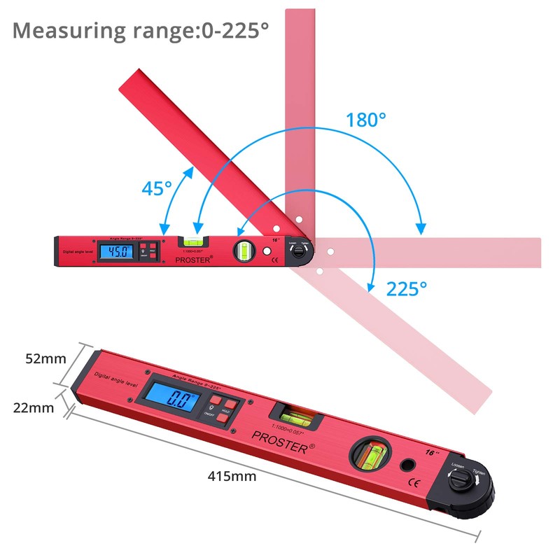 Proster 0~225° LCD Digital Protractor Spirit Level Angle Finder Gauge