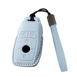Riasot Leather Key Fob Cover with Keychain for Benz A-Class C-Class G-Class E-Class S-Class (Blue)
