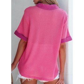 Astylish Womens Collared V Neck Ribbed Knit Blouse Cardigans Summer Tops 2024 Waffle Knit Button Down Shirts Medium Rose Red