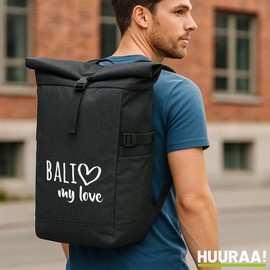 Huuraa Bali My Love Messenger Backpack Gift 30-44 Litres Black Melange Roll-Top Fairtrade Bali Gift Idea