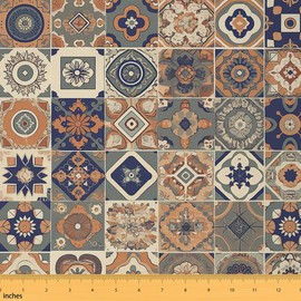 Feelyou Bohemian Upholstery Fabric for Chairs, Boho Geometric Ornamental Outdoor Fabric by The Yard Waterproof, Vintage Exotic Floral Decorative Fabric for Upholstery and DIY Projects, 3 Yards, Blue