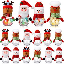 Reallnaive 12 Pcs Christmas Candy Jars with Snowman Santa Elk Gingerbread Lid 5.91 x 3.15 Inch Plastic Clear Cookie Jar Christmas Snack Food Storage Container for Holiday Party Gift