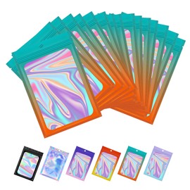 COQOFA 200 Pcs Smell Proof Resealable Mylar Bags, Holographic Bags Packaging Bags with Clear Window, Food Storage Foil Pouch Sample Bags 3X4.7 IN Light Blue & Orange