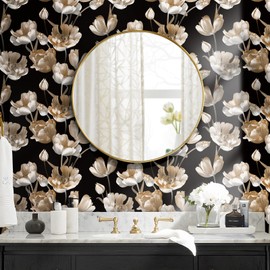 Livelynine 17.5x276 Magnolia Peel and Stick Wallpaper Black and White Gold Flower Self Adhesive Prepasted Vintage Floral Wall Paper for Bathroom Accent Waterproof Dark Floral Contact Paper Removable