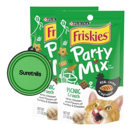 Suretails Party Mix Picnic Crunch Cat Treats, 2.1 Oz, Bundle Silicon Pet Bowl Chicken, Turkey & Cheddar Flavor, Chicken Treats for Cats, Dental Health, for Life Stages~ [Pack of 2]