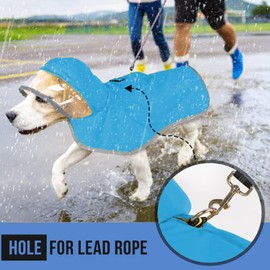 Olsdeeool Adjustable Waterproof Dog Raincoat with Reflective Strip, Lightweight Hooded Pet Rain Jacket with Portable Storage Pocket and Leash Hole (Blue,L)