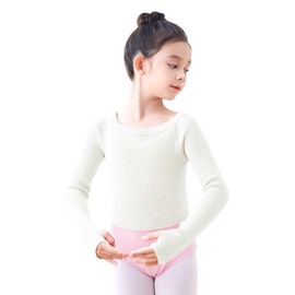Daydance Boat Neck Girls Dance Sweater Pullover Cropped Ballet Shrug for Leotards Long Sleeve White