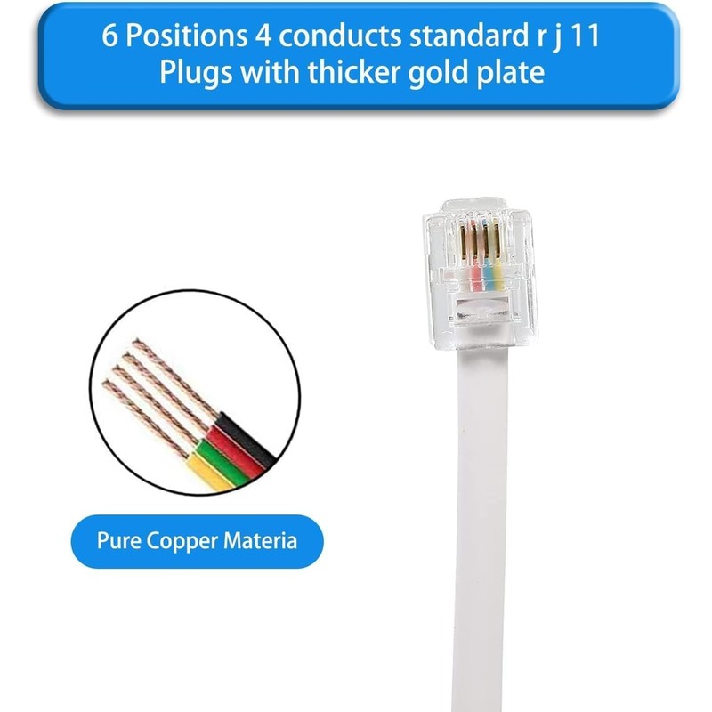 Long Telephone Extension Cord 10 FT, White, Phone Cable Line