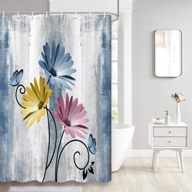 Rustic Farmhouse Shower Curtain, Farm Blue Daisy Floral Flowers and Butterfly on Country Wooden Shower Curtain for Bathroom, Turquoise Pink Yellow Bathroom Shower Curtains with 12PCS Hooks, 48X70IN