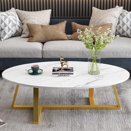 Wolawu Coffee Table White Faux Marble Coffee Table for Living Room,Oval Center Table Modern Tea Table for Small Space,Wooden Living Room Tables End Table with Sturdy Gold Metal Leg