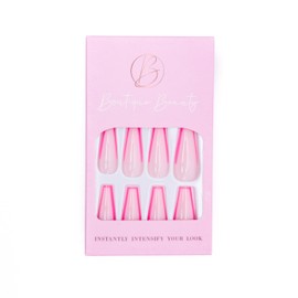 Boutique Beauty Premium Press On Nails (Neon Pink Trim) – Unique, Durable, and Trendy Designs with Adhesive Tabs - Long Coffin Shape