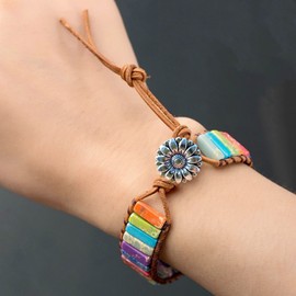 KunBead Women Flower 7 Chakra Imperial Jasper Bracelets Healing Crystal Natural Stone Bead Leather Wrap Yoga Reiki Adjustable Bracelets