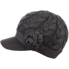 Womens Winter Elegant Cable Flower Knitted Newsboy Cabbie Cap Beret Beanie Hat with Visor, Warm Plush Fleece Lined