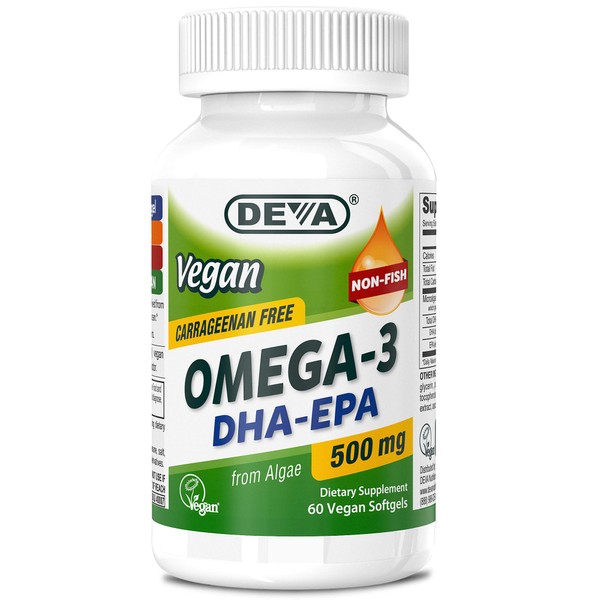 DEVA Vegan Omega-3 DHA EPA Supplement - Once-Per-Day Softgel 500 MG - Carrageenan Free - Gelatin Free - Non-Fish - Algae Oil Omega-3 Fatty Acids - 60 Softgels