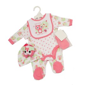 Baby Clothing Gift Set - Cotton Layette Newborn Boy or Girl - Sleepsuit, Bodysuit, Bib, Hat, Scratch Mitts - 3-6 Months, Pink Owl