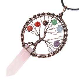 mookaitedecor 7 Chakra Tree of Life Rose Quartz Crystal Point Long Pendant Necklace for Girls Women, Healing Quartz Crystal Semi Precious Stone Jewellery Necklace for Good Luck Chakra Energy