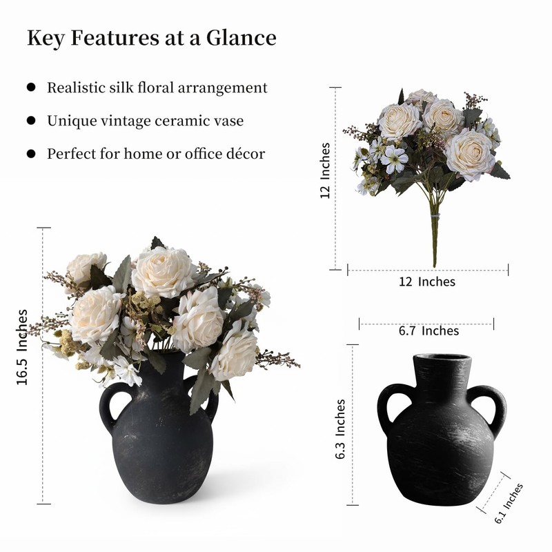 Artificial Flowers with Vase, Faux Rose Centerpiece in Terracotta, 15