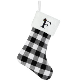 Senneny Christmas Stockings with Initials, 20 Inch Large Black White Buffalo Plaid Monogram Xmas Stockings with White Plush Faux Fur Cuff, Christmas Decorations for Family Holiday Party, Letter F