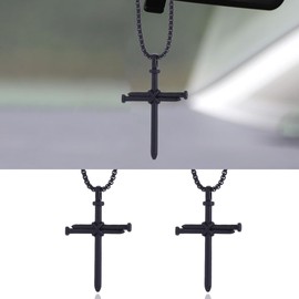 2PCS Nail Cross Pendant, Metal Cross Car Hanging Ornament, Car Rear View Mirror Charm Hanging Chain, Religious Cross Necklace Decoration (Black)