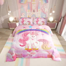 Erosebridal Unicorn Girls Bedding Set Twin Size Cute Rainbow Unicorn Comforter Set Kids Cartoon Kawaii Cute Duvet Set Pink Unicorn Quilt Stars Fantasy Girls Room Decor Teens Children Reversible