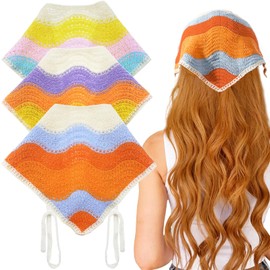 3PCS Crochet Bandanas Headbands, Cute Style Hand Knitted Headband Handmade Kint Crochet Hair Bandanas Vintage Hair Scarf Triangle Hair Headband with Ties for Women Girls