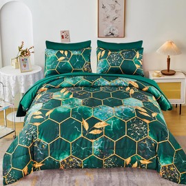 ZRNBAST Dark Green King Size Comforter Set Geometric Honeycomb-7 Piece Bedding Set with Gold Trim Print Pattern All Season Marble Hexagon Bed in A Bag with Sheets (Emerald Green, King)