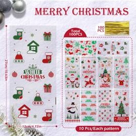 100 PCS Christmas Candy Bags, GeeRic Xmas Candy Bags with Twist Tie, 10 Different Designed Cellophane with Merry Christmas Snowman, Santa Claus, Christmas Tree, Gift Case, Elk Print Pattern