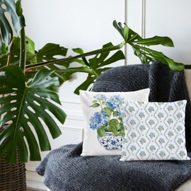 Qvapt Chinoiserie Blue Hydrangea Floral Pillow Cover 18x18, Grandmillennial Cottagecore Hydrangea Flower Decorative Throw Pillow Covers Cases for Home Living Room Bedroom, Set of 2