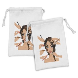 Lunarable Makeup Fabric Pouch Set of 2, Many Hands Doing Makeup to a Woman Appearance Beauty Themed Illustration, Small Drawstring Bag for Toiletries Masks and Favors, 9" x 6", Beige Brown and Black