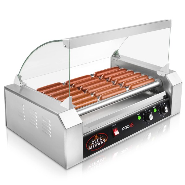 Olde Midway Electric 18 Hot Dog 7 Roller Grill Cooker Machine with Cover 900-Watt - Commercial Grade