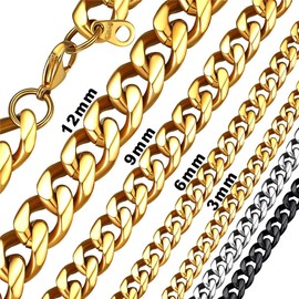 Bandmax Classic Curb Chain Necklace 4 mm/6 mm/9 mm Wide Cuban Link Chain for Women Men Boys Girls Hip Hop Cuban Chain Fashion Jewellery 36 cm to 76 cm Gold/Black/Silver, Metal, No Gemstone