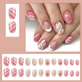 24Pcs Pink Christmas Press on Nails Short Oval Fake Nails with Xmas Tree French Tip False Nails Glitter White Snowflake Stripe Full Cover Glue on Nails Nude Acrylic Artificial Nails for Women Girls