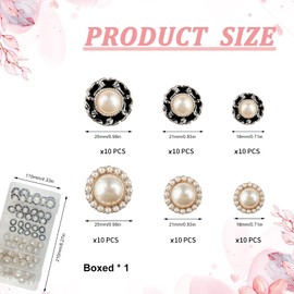 cersaty® Pack of 60 Faux Pearl Buttons, Plastic Pearl Buttons, Vintage Buttons for Clothes, Shirts, Coats, Sweaters, Bags, DIY Crafts (18 mm, 21 mm, 25 mm)